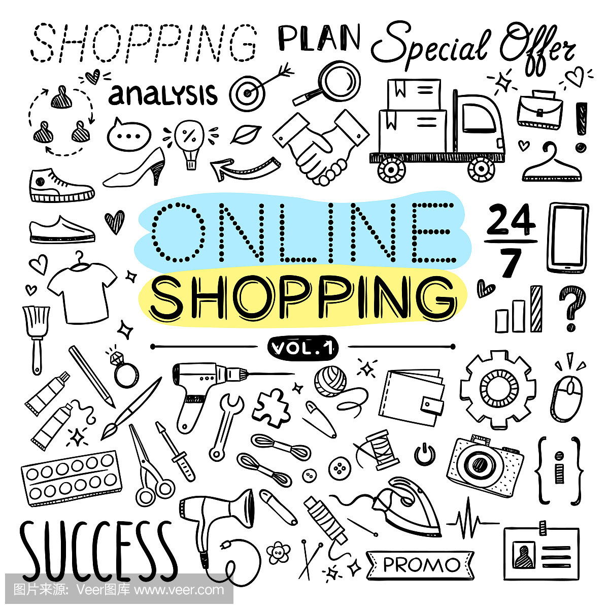 网上购物手绘矢量图标。电子商务涂鸦插图。不同的销售和业务轮廓符号